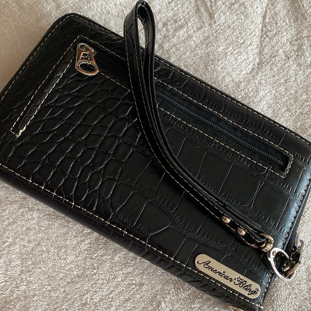 American Bling Black Croc-Embossed Wristlet